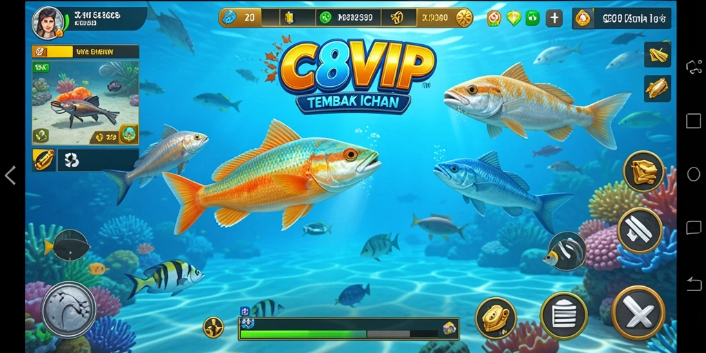 Tampilan gameplay seru dalam C8VIP dengan berbagai ikan berwarna-warni.