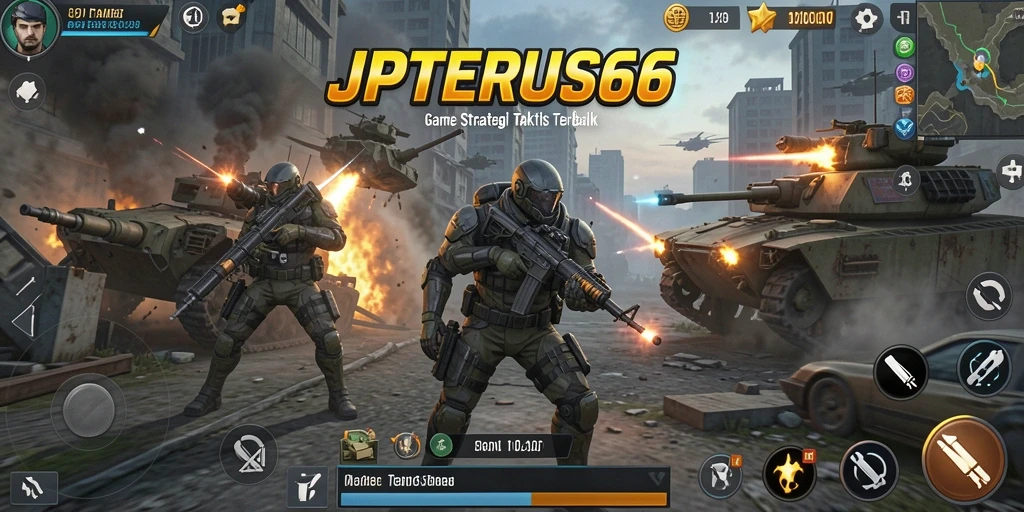 Screenshot utama JPTERUS66 menampilkan momen pertempuran strategi yang intens.