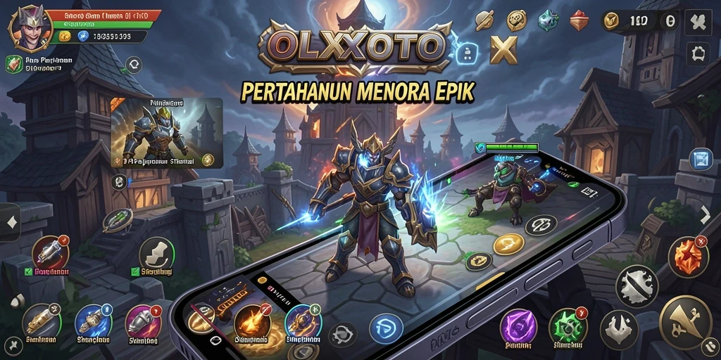 Screenshot OLXTOTO menampilkan aksi menara dalam pertempuran Tower Defense.