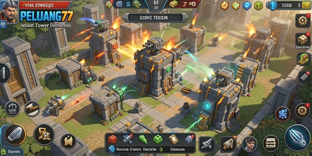 Screenshot gameplay PELUANG77 menampilkan pertempuran menegangkan di tower defense.